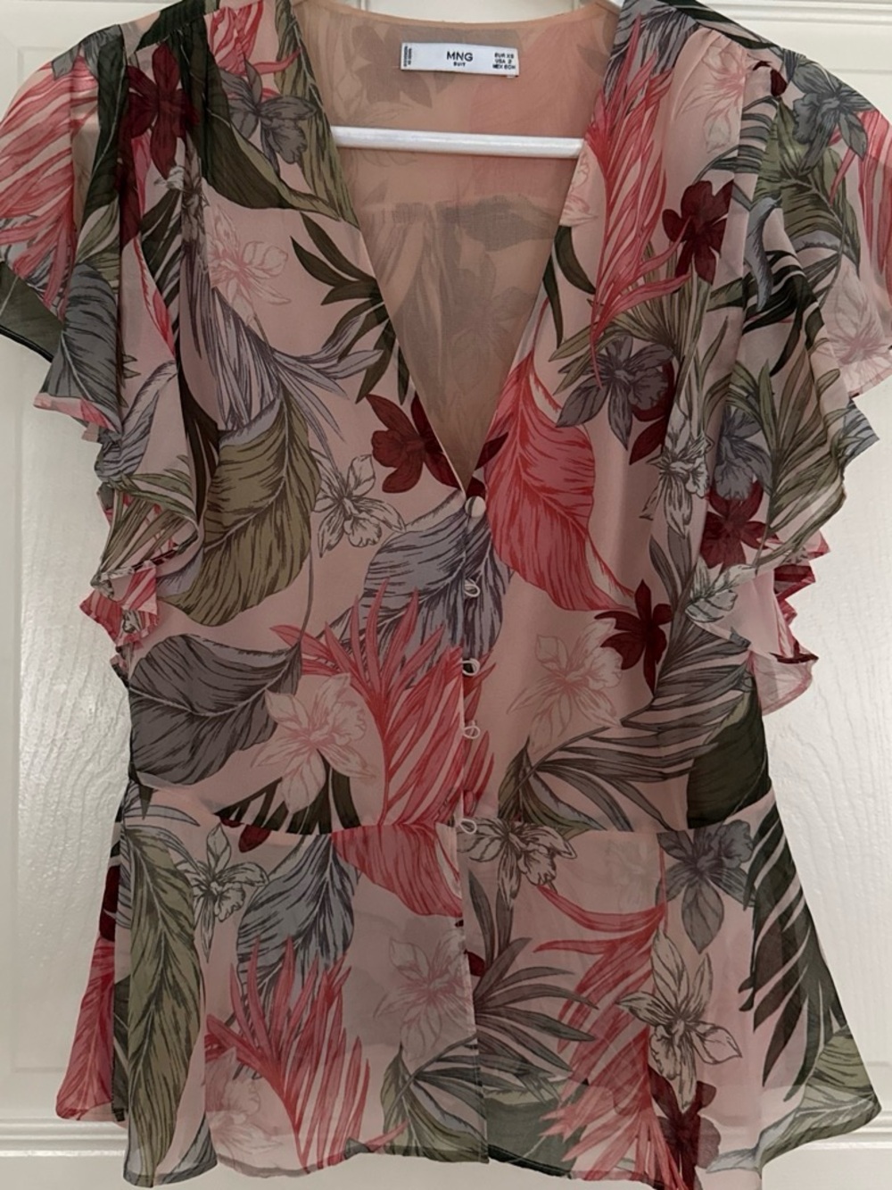 Mango Pink Tropical Print Ruffled Sheer Blouse, Size XS